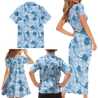 Anthurium Pikake Ti Leaf Palaka Family Matching Short Sleeve Bodycon Dress and Hawaiian Shirt Blue Version