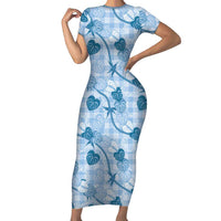 Anthurium Pikake Ti Leaf Palaka Family Matching Short Sleeve Bodycon Dress and Hawaiian Shirt Blue Version