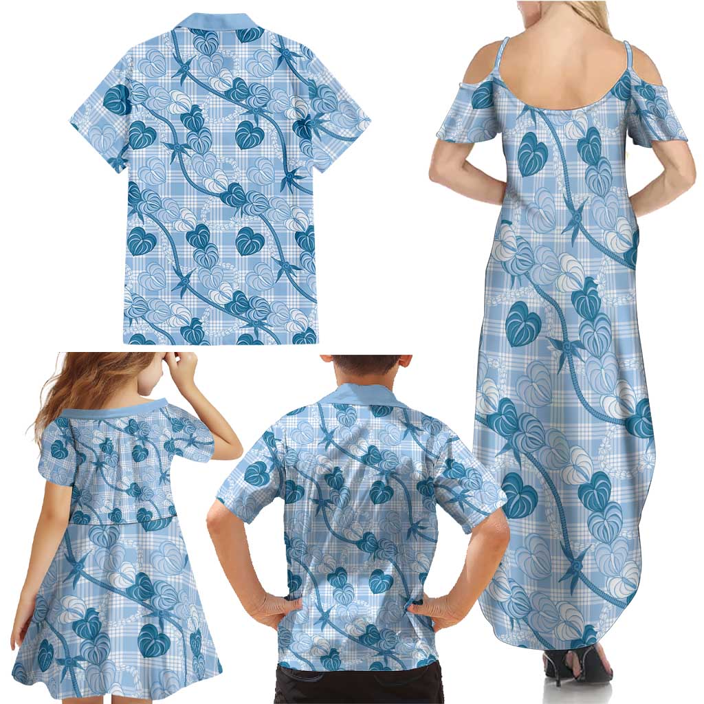 Anthurium Pikake Ti Leaf Palaka Family Matching Summer Maxi Dress and Hawaiian Shirt Blue Version