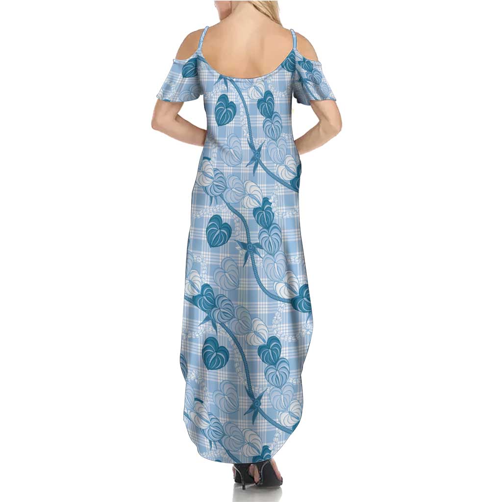 Anthurium Pikake Ti Leaf Palaka Family Matching Summer Maxi Dress and Hawaiian Shirt Blue Version