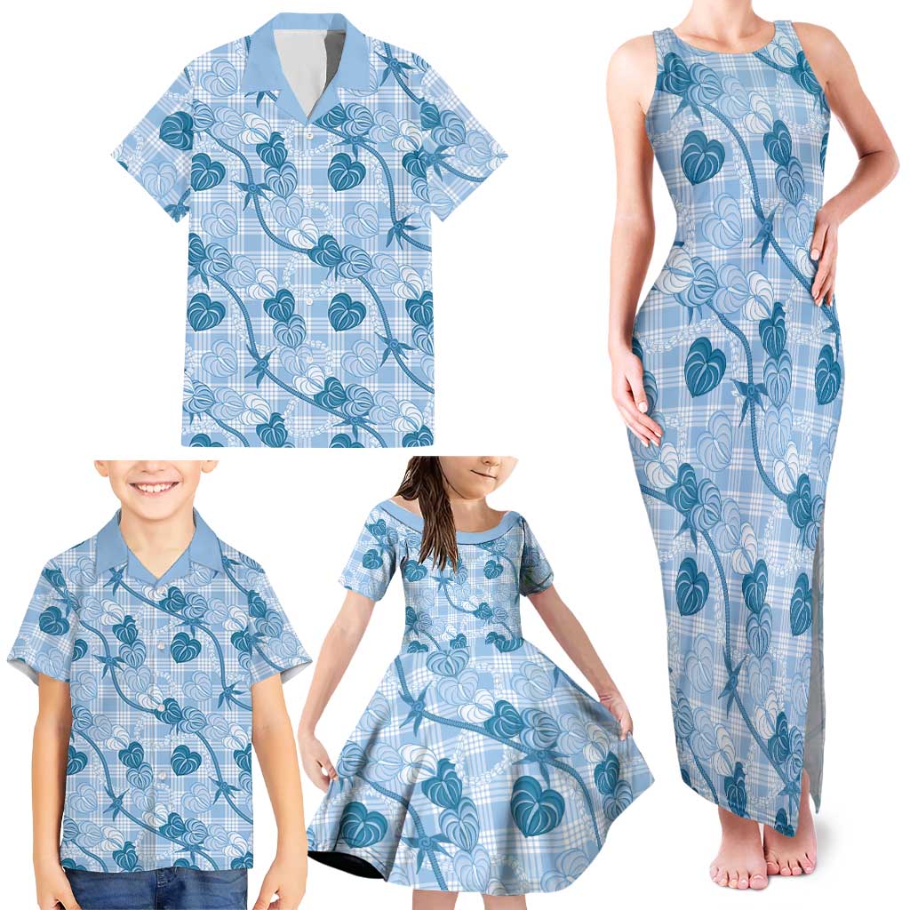 Anthurium Pikake Ti Leaf Palaka Family Matching Tank Maxi Dress and Hawaiian Shirt Blue Version