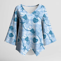 Anthurium Pikake Ti Leaf Palaka Kimono Sleeve Blouse Blue Version
