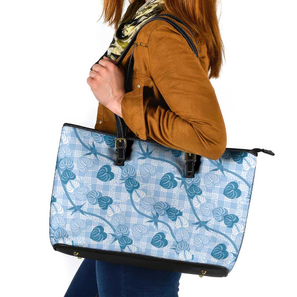 Anthurium Pikake Ti Leaf Palaka Leather Tote Bag Blue Version LT01 Blue - Polynesian Pride