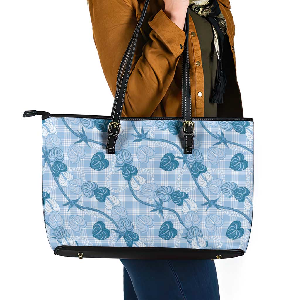 Anthurium Pikake Ti Leaf Palaka Leather Tote Bag Blue Version LT01 - Polynesian Pride