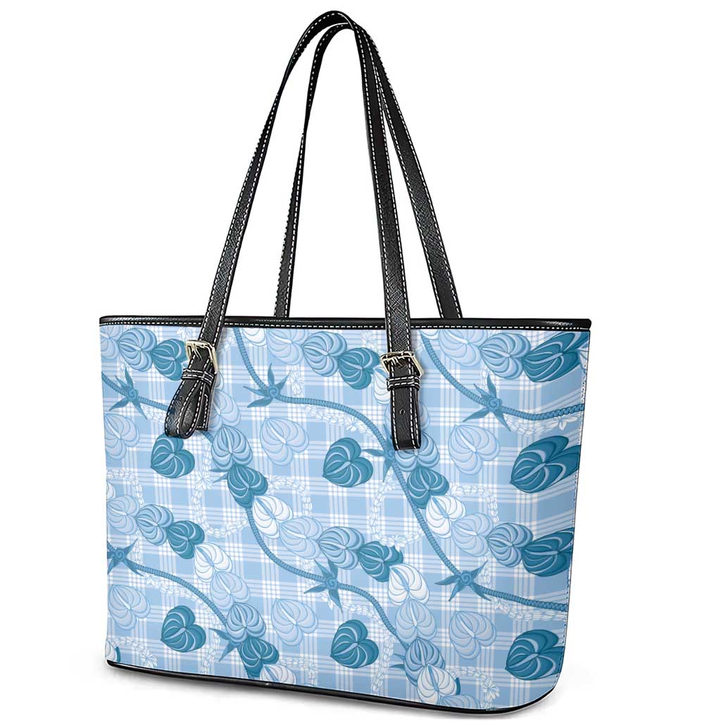 Anthurium Pikake Ti Leaf Palaka Leather Tote Bag Blue Version LT01 - Polynesian Pride