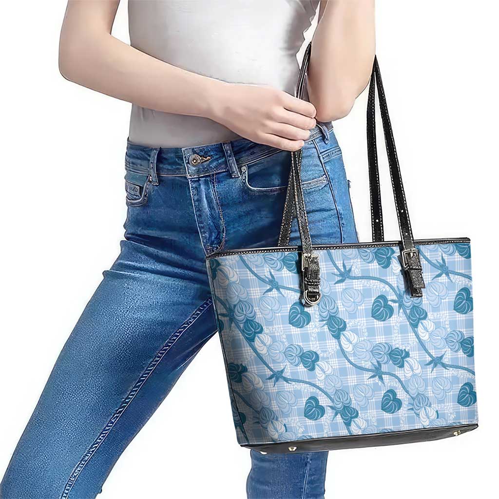 Anthurium Pikake Ti Leaf Palaka Leather Tote Bag Blue Version LT01 - Polynesian Pride
