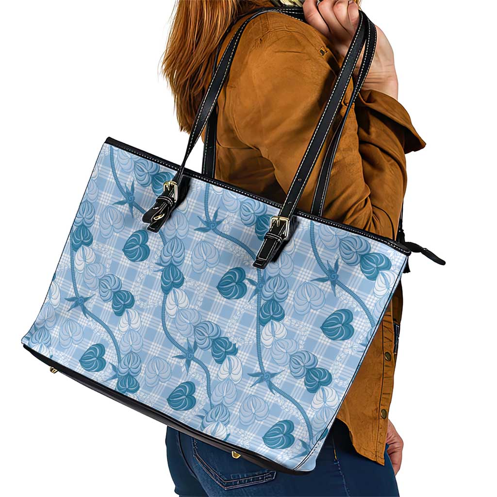 Anthurium Pikake Ti Leaf Palaka Leather Tote Bag Blue Version LT01 - Polynesian Pride