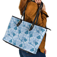 Anthurium Pikake Ti Leaf Palaka Leather Tote Bag Blue Version LT01 - Polynesian Pride