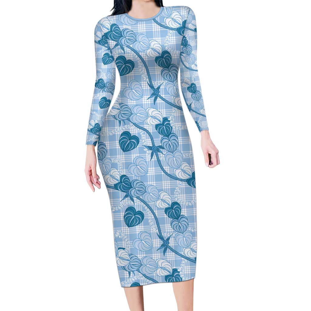 Anthurium Pikake Ti Leaf Palaka Long Sleeve Bodycon Dress Blue Version