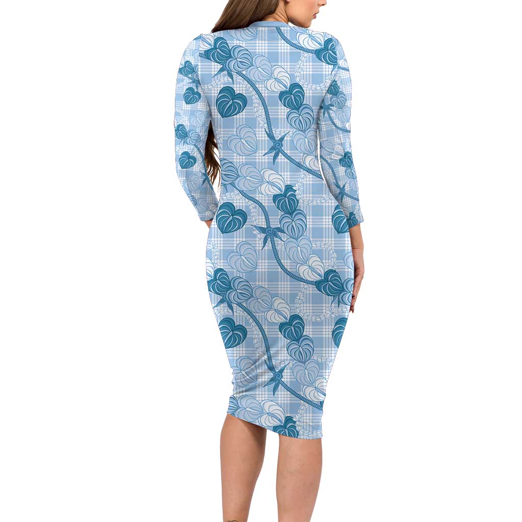 Anthurium Pikake Ti Leaf Palaka Long Sleeve Bodycon Dress Blue Version