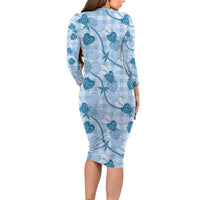 Anthurium Pikake Ti Leaf Palaka Long Sleeve Bodycon Dress Blue Version