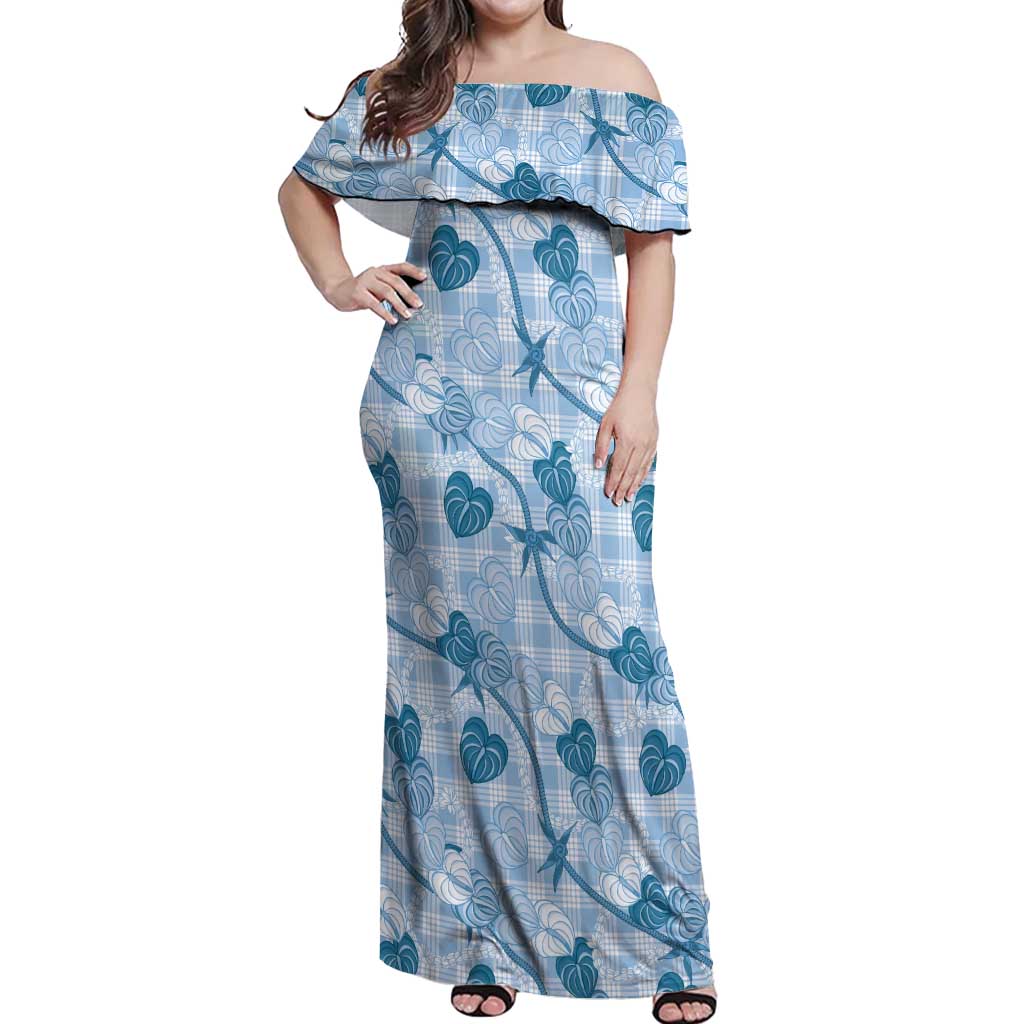 Anthurium Pikake Ti Leaf Palaka Off Shoulder Maxi Dress Blue Version