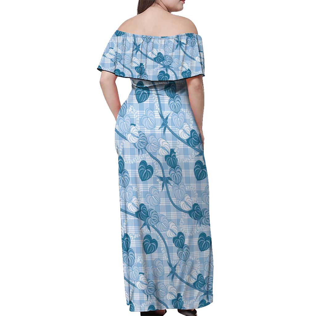 Anthurium Pikake Ti Leaf Palaka Off Shoulder Maxi Dress Blue Version