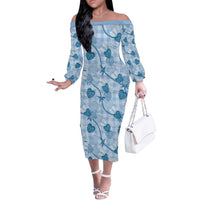 Anthurium Pikake Ti Leaf Palaka Off The Shoulder Long Sleeve Dress Blue Version