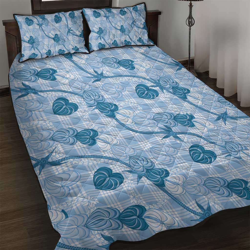 Anthurium Pikake Ti Leaf Palaka Quilt Bed Set Blue Version