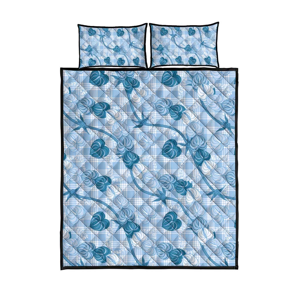 Anthurium Pikake Ti Leaf Palaka Quilt Bed Set Blue Version
