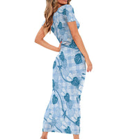 Anthurium Pikake Ti Leaf Palaka Short Sleeve Bodycon Dress Blue Version
