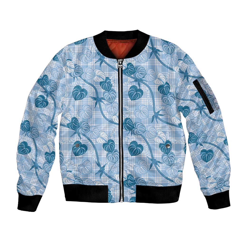 Anthurium Pikake Ti Leaf Palaka Sleeve Zip Bomber Jacket Blue Version