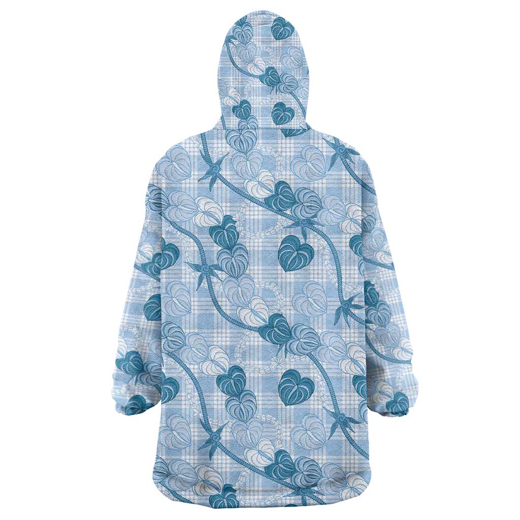 Anthurium Pikake Ti Leaf Palaka Wearable Blanket Hoodie Blue Version