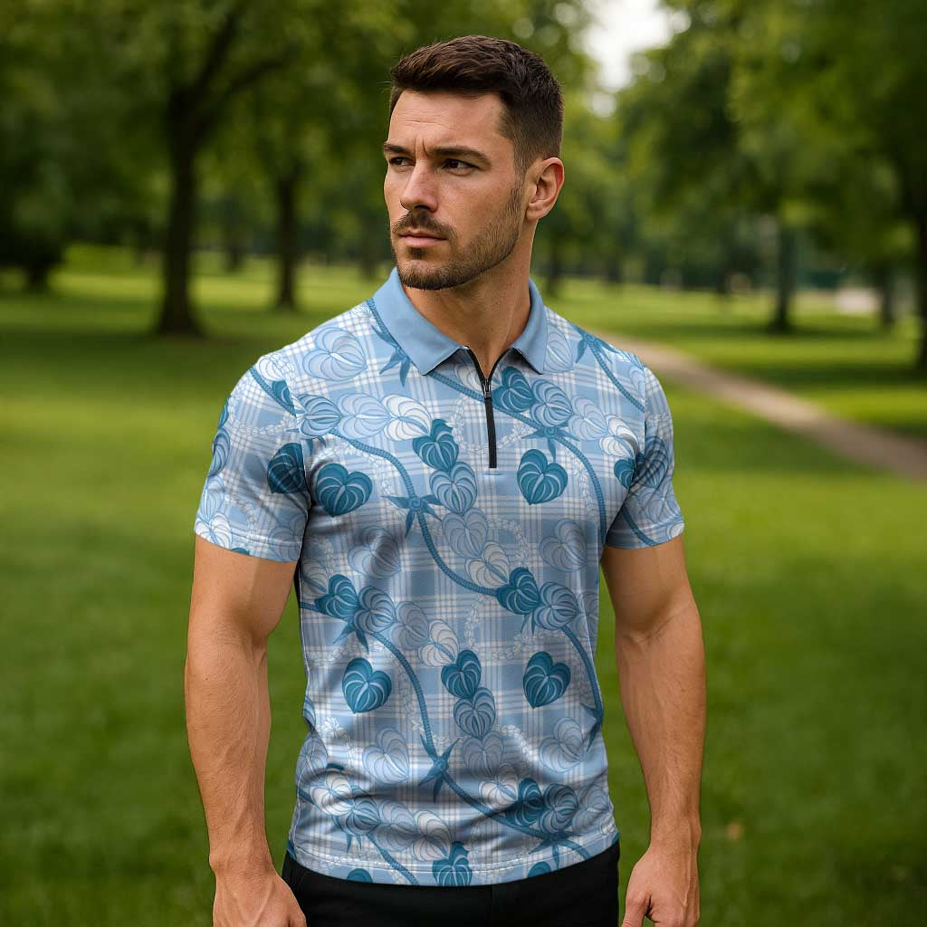 Anthurium Pikake Ti Leaf Palaka Zipper Polo Shirt Blue Version