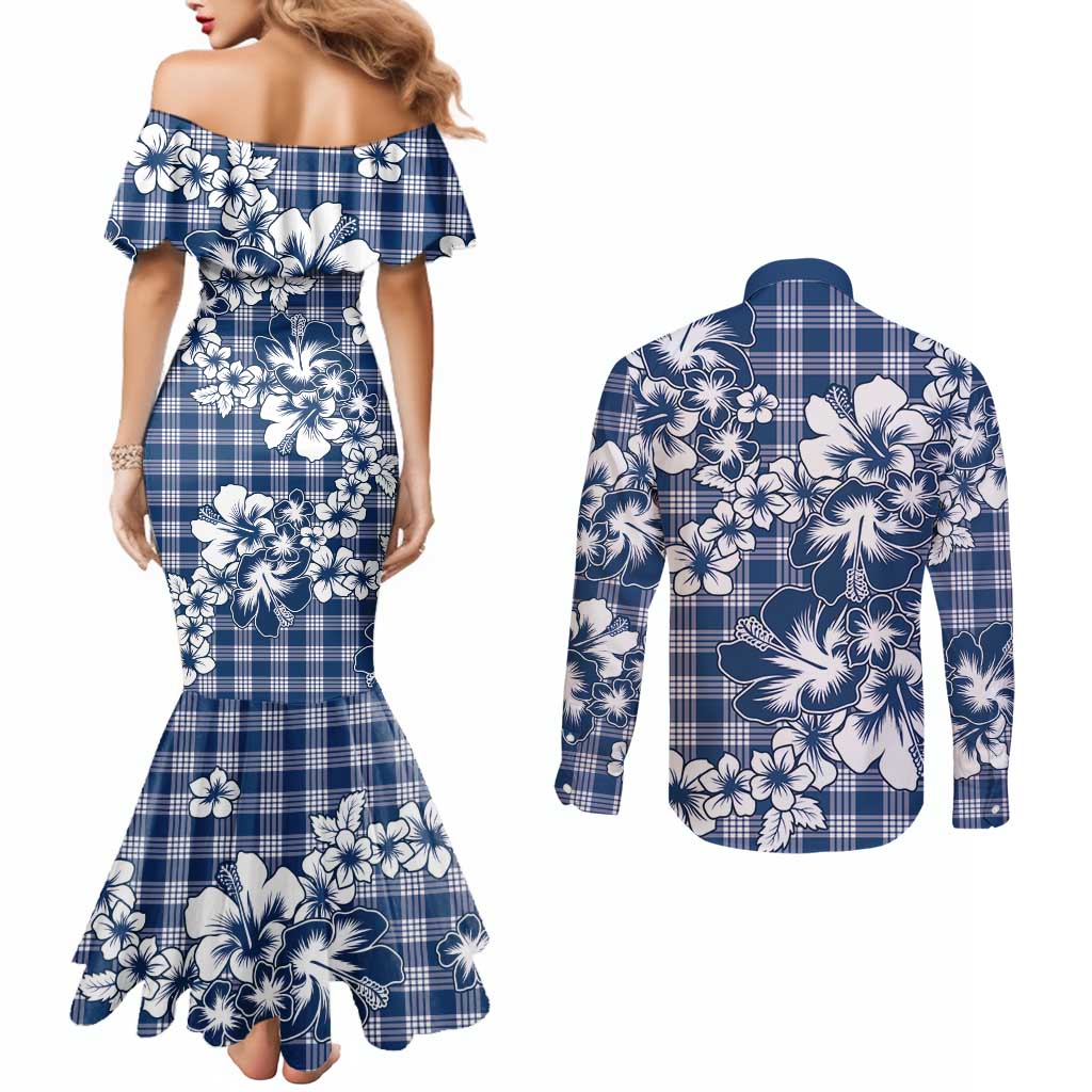 Hibiscus Pakala Cobalt Blue Royal Couples Matching Mermaid Dress and Long Sleeve Button Shirt Tropical Floral Stylized - Polynesian Pride