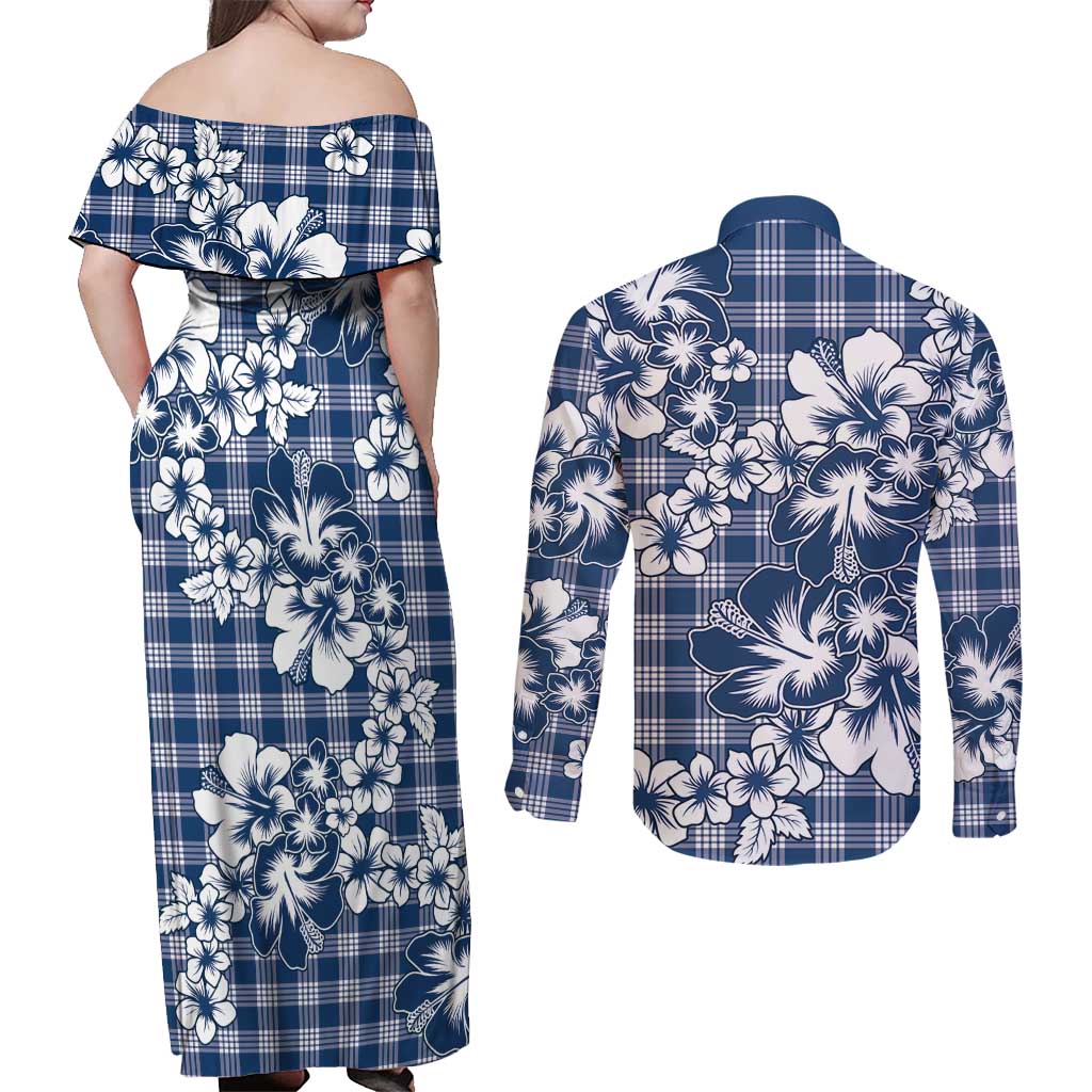 Hibiscus Pakala Cobalt Blue Royal Couples Matching Off Shoulder Maxi Dress and Long Sleeve Button Shirt Tropical Floral Stylized - Polynesian Pride
