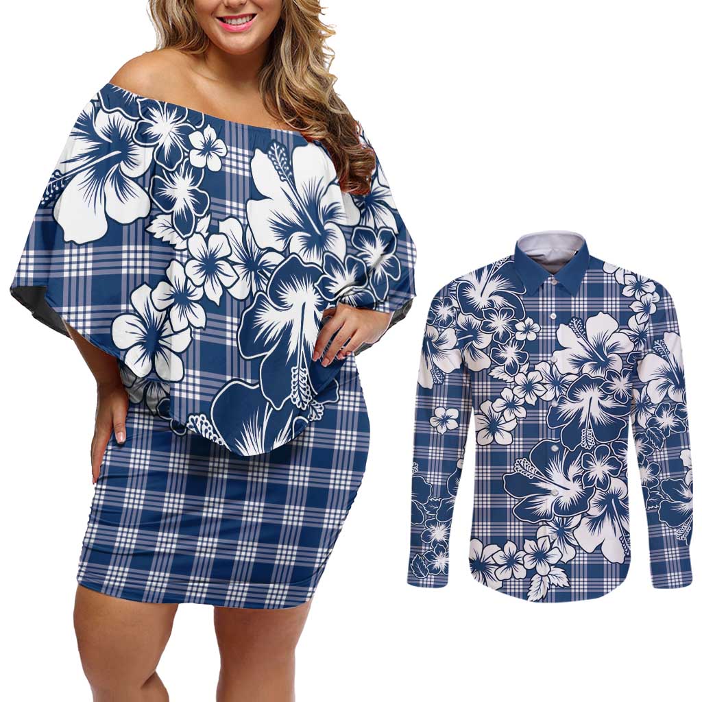 Hibiscus Pakala Cobalt Blue Royal Couples Matching Off Shoulder Short Dress and Long Sleeve Button Shirt Tropical Floral Stylized - Polynesian Pride