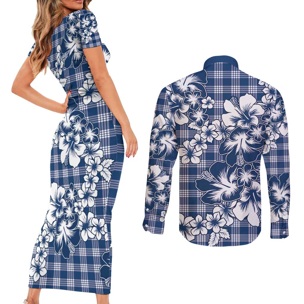 Hibiscus Pakala Cobalt Blue Royal Couples Matching Short Sleeve Bodycon Dress and Long Sleeve Button Shirt Tropical Floral Stylized - Polynesian Pride