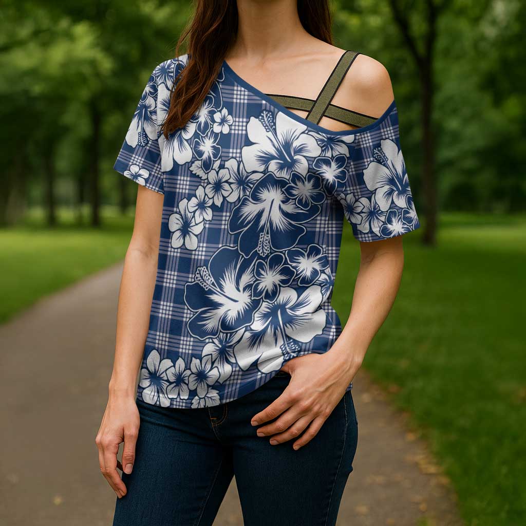 Hibiscus Pakala Cobalt Blue Royal Cross Shoulder Shirt Tropical Floral Stylized - Polynesian Pride
