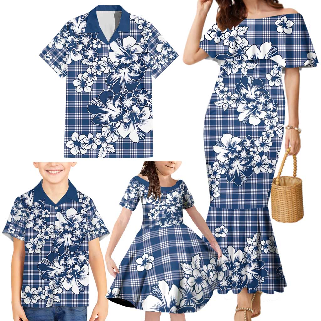 Hibiscus Pakala Cobalt Blue Royal Family Matching Mermaid Dress and Hawaiian Shirt Tropical Floral Stylized - Polynesian Pride