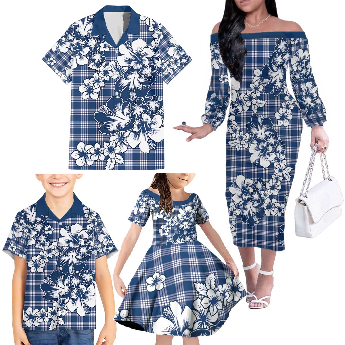 Hibiscus Pakala Cobalt Blue Royal Family Matching Off The Shoulder Long Sleeve Dress and Hawaiian Shirt Tropical Floral Stylized - Polynesian Pride