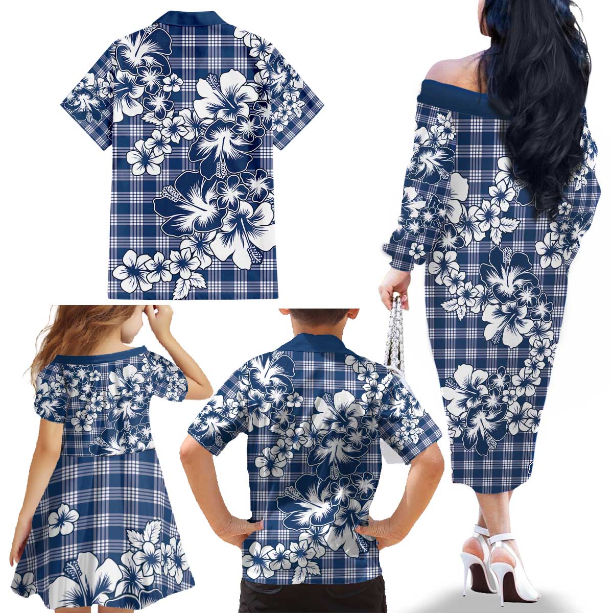 Hibiscus Pakala Cobalt Blue Royal Family Matching Off The Shoulder Long Sleeve Dress and Hawaiian Shirt Tropical Floral Stylized - Polynesian Pride