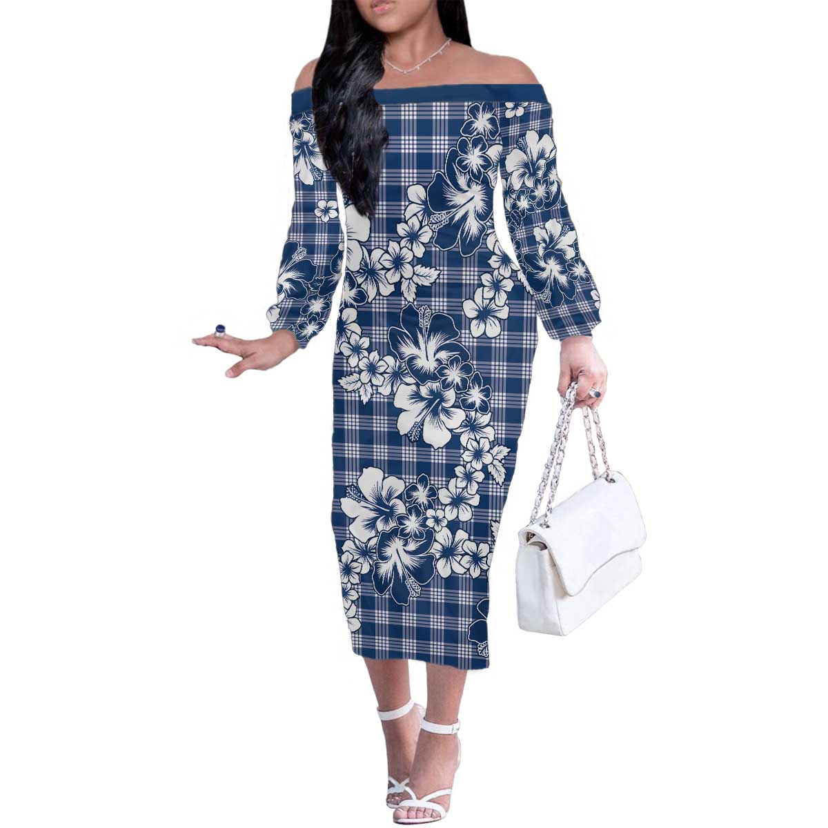 Hibiscus Pakala Cobalt Blue Royal Family Matching Off The Shoulder Long Sleeve Dress and Hawaiian Shirt Tropical Floral Stylized - Polynesian Pride