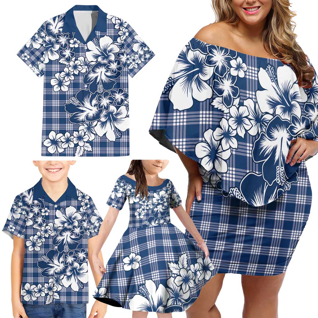 Hibiscus Pakala Cobalt Blue Royal Family Matching Off Shoulder Short Dress and Hawaiian Shirt Tropical Floral Stylized - Polynesian Pride