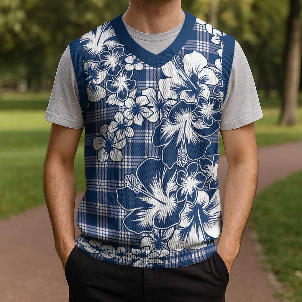 Hibiscus Pakala Cobalt Blue Royal Christmas Knitted V-Neck Vest Tropical Floral Stylized - Polynesian Pride