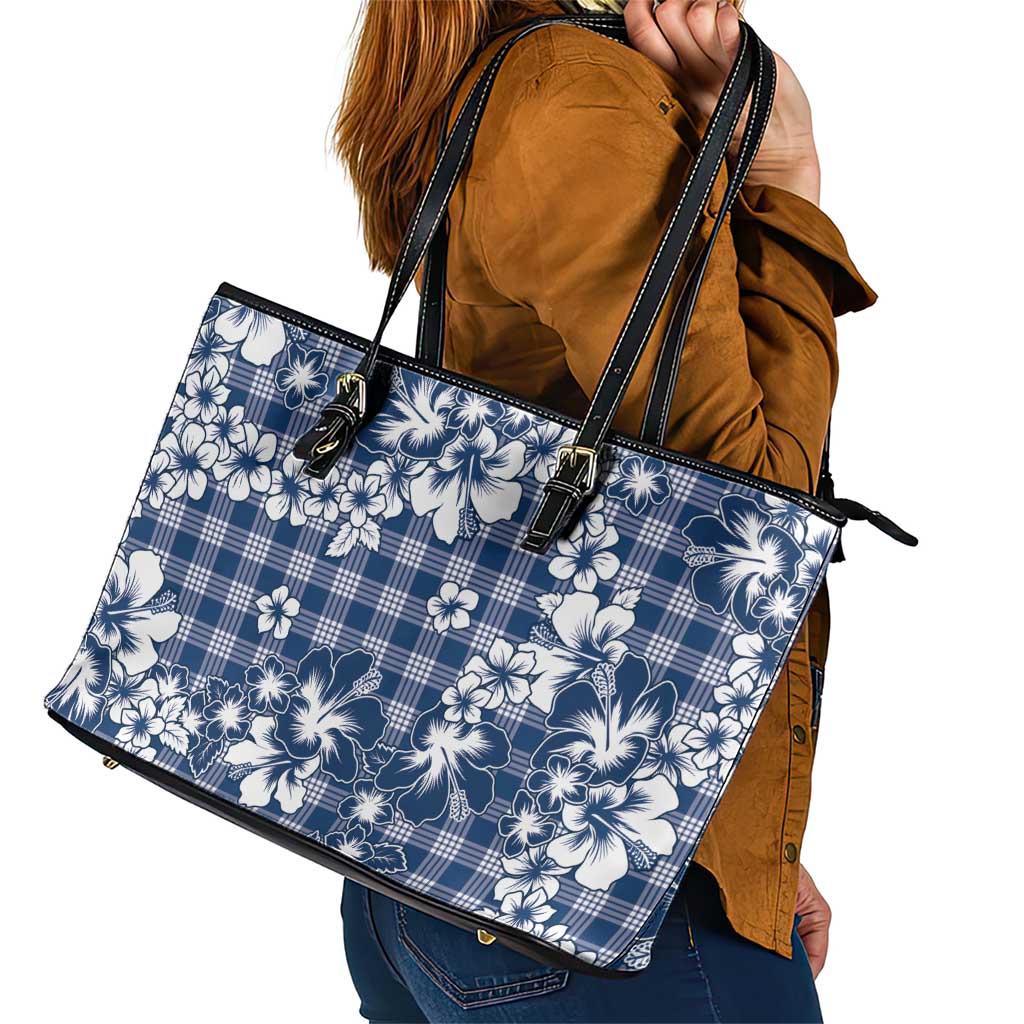 Hibiscus Pakala Cobalt Blue Royal Leather Tote Bag Tropical Floral Stylized - Polynesian Pride