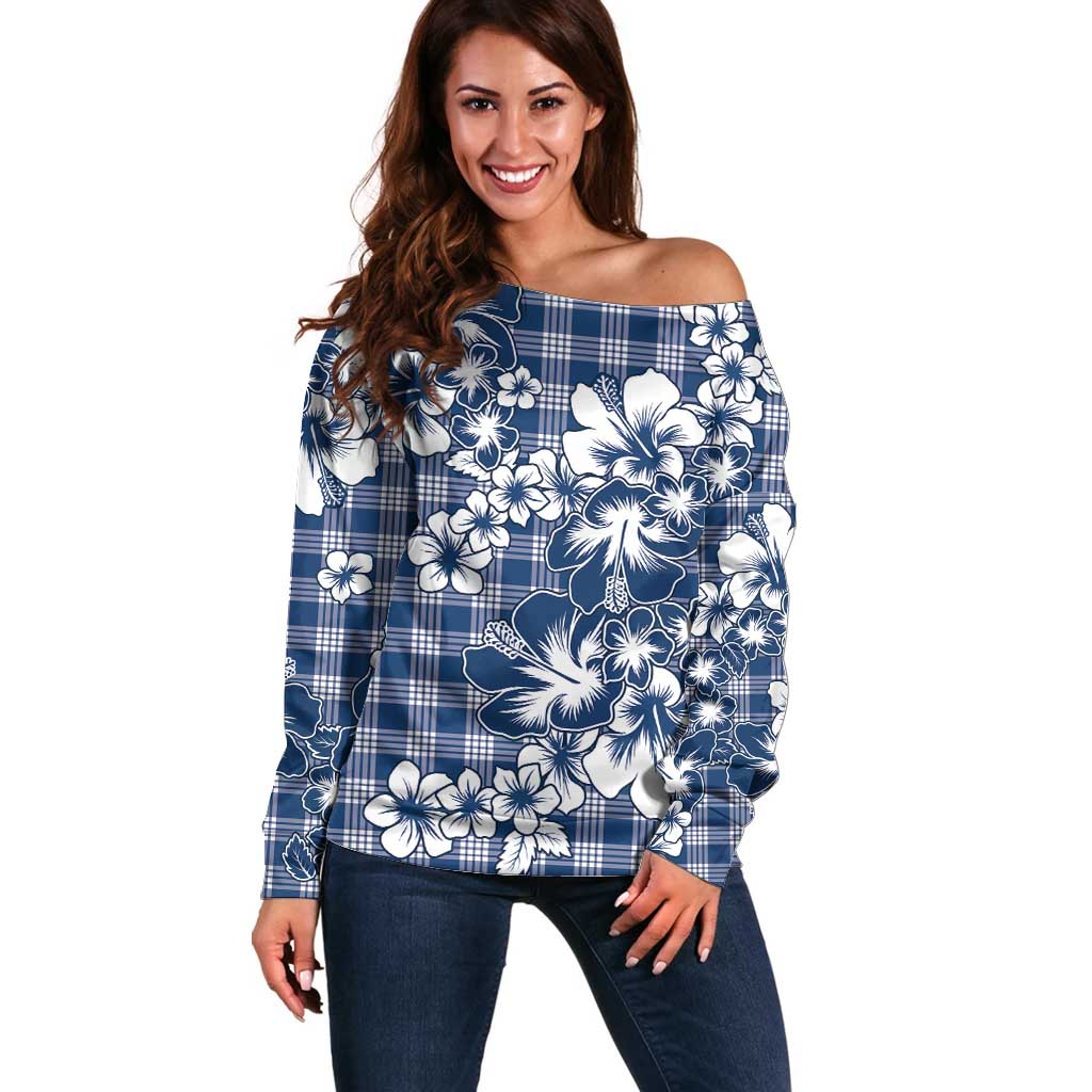 Hibiscus Pakala Cobalt Blue Royal Off Shoulder Sweater Tropical Floral Stylized - Polynesian Pride