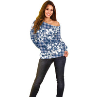 Hibiscus Pakala Cobalt Blue Royal Off Shoulder Sweater Tropical Floral Stylized - Polynesian Pride