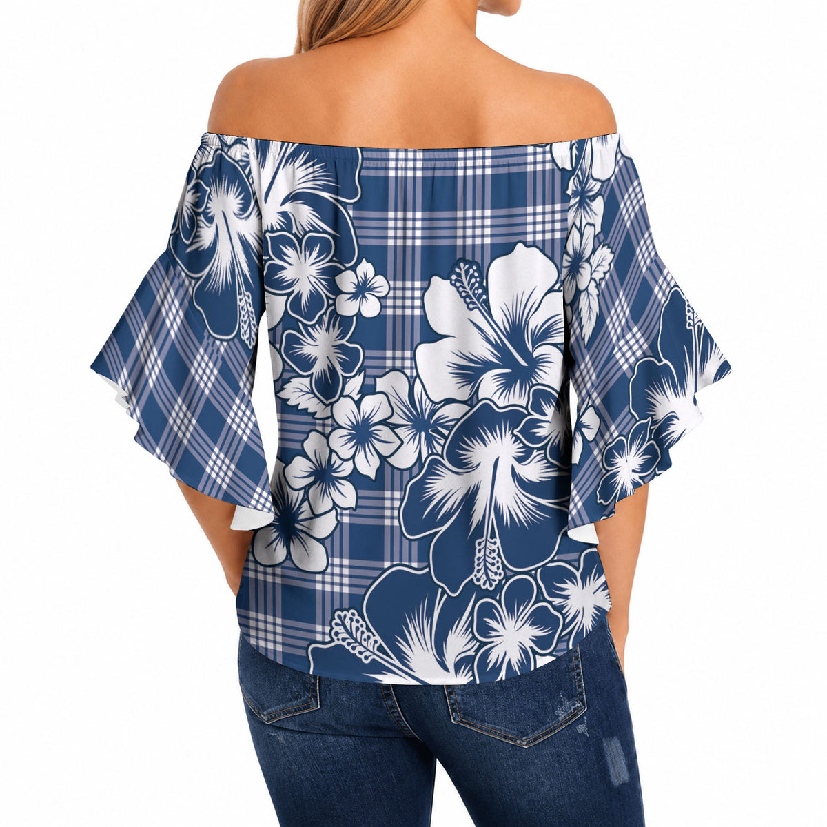 Hibiscus Pakala Cobalt Blue Royal Off Shoulder Wrap Waist Top Tropical Floral Stylized LT01 - Polynesian Pride