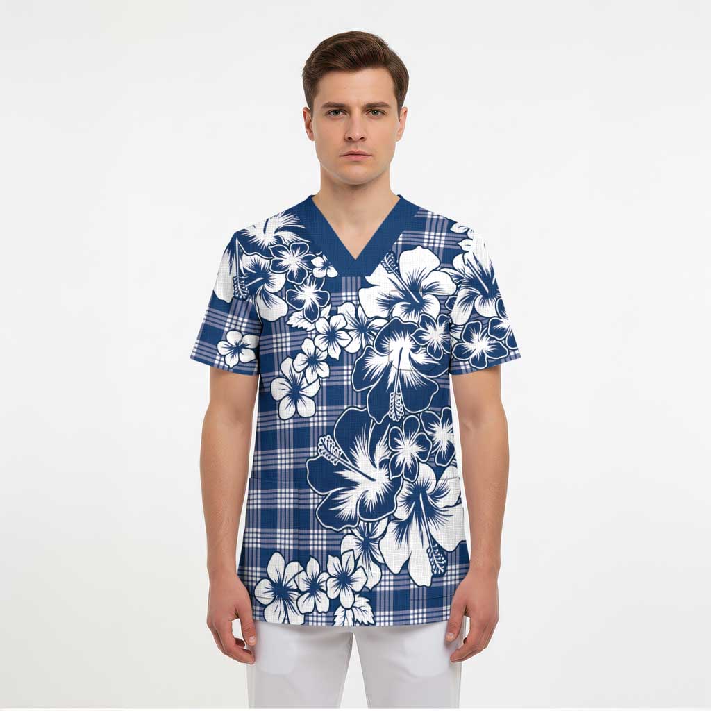 Hibiscus Pakala Cobalt Blue Royal Scrub Top Tropical Floral Stylized - Polynesian Pride