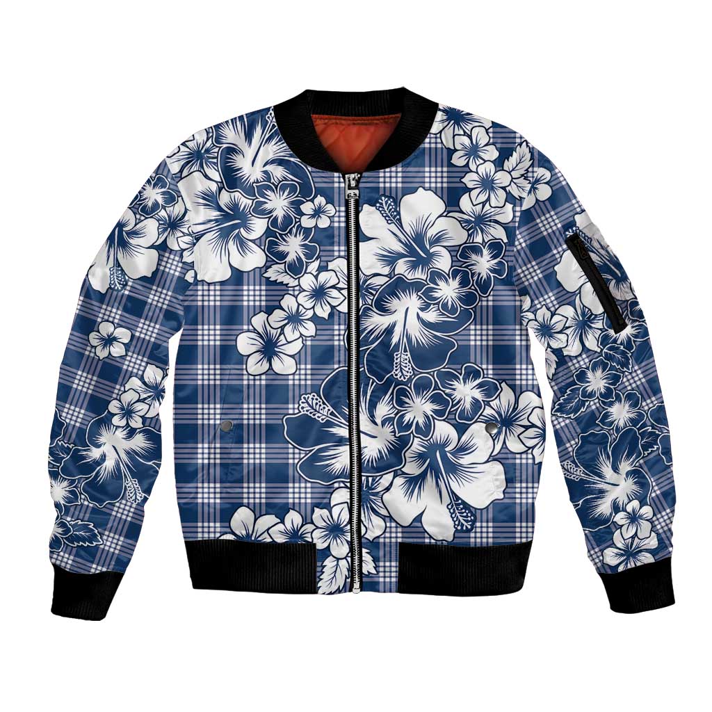 Hibiscus Pakala Cobalt Blue Royal Sleeve Zip Bomber Jacket Tropical Floral Stylized - Polynesian Pride