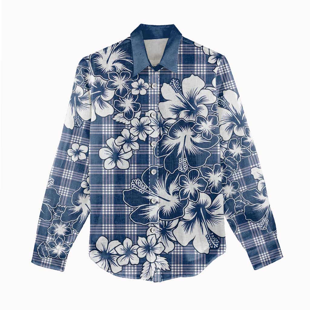 Hibiscus Pakala Cobalt Blue Royal Women Casual Shirt Tropical Floral Stylized - Polynesian Pride