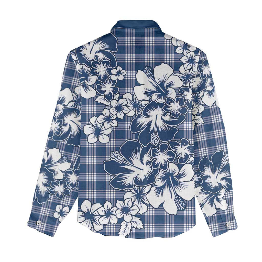 Hibiscus Pakala Cobalt Blue Royal Women Casual Shirt Tropical Floral Stylized - Polynesian Pride