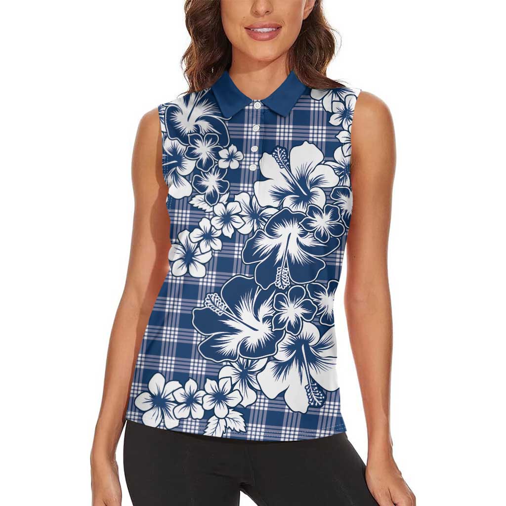 Hibiscus Pakala Cobalt Blue Royal Women Sleeveless Polo Shirt Tropical Floral Stylized - Polynesian Pride