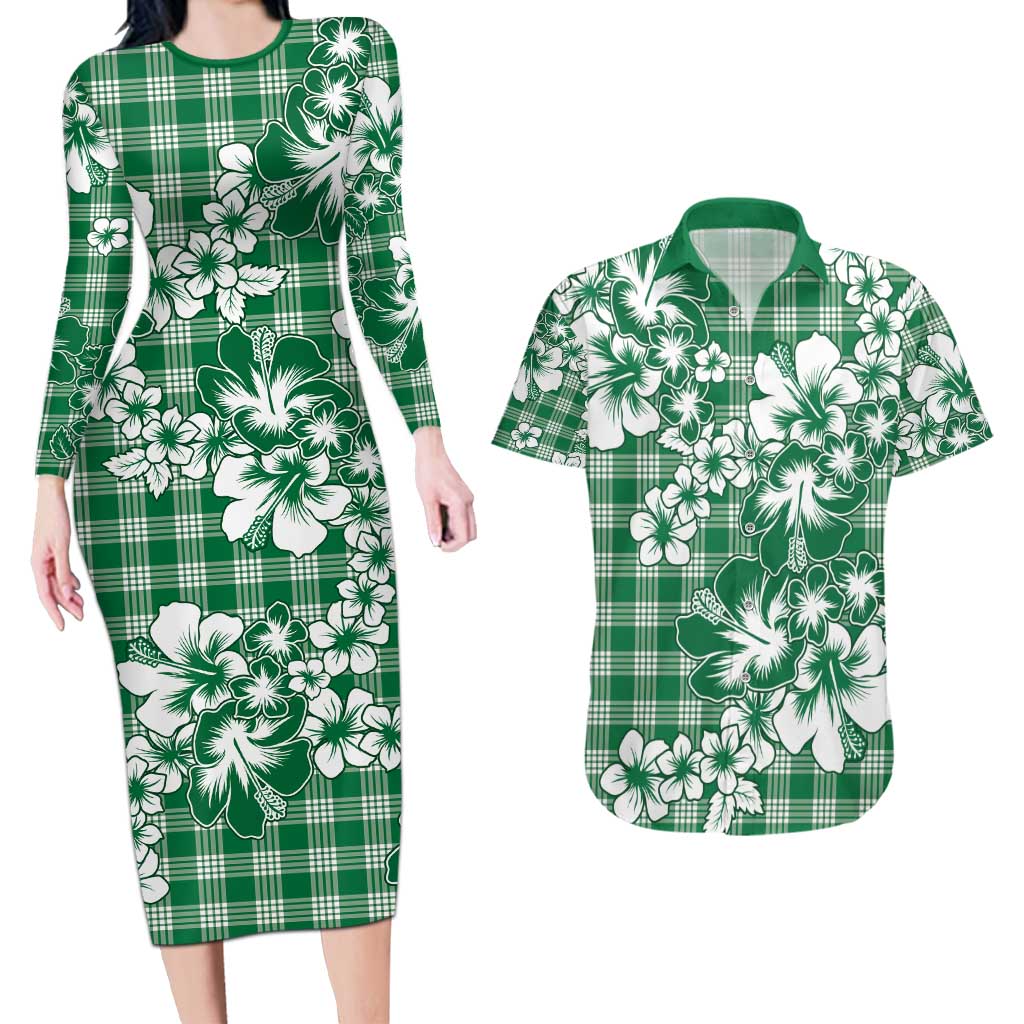 Hibiscus Pakala Emerald Green Couples Matching Long Sleeve Bodycon Dress and Hawaiian Shirt Tropical Floral Stylized - Polynesian Pride