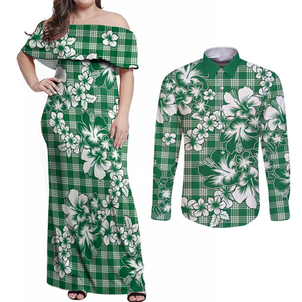Hibiscus Pakala Emerald Green Couples Matching Off Shoulder Maxi Dress and Long Sleeve Button Shirt Tropical Floral Stylized - Polynesian Pride