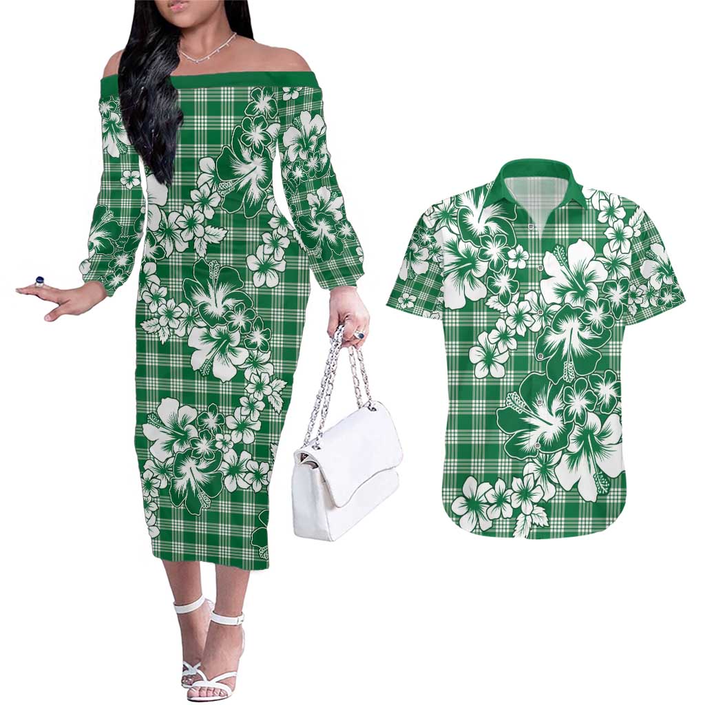 Hibiscus Pakala Emerald Green Couples Matching Off The Shoulder Long Sleeve Dress and Hawaiian Shirt Tropical Floral Stylized - Polynesian Pride