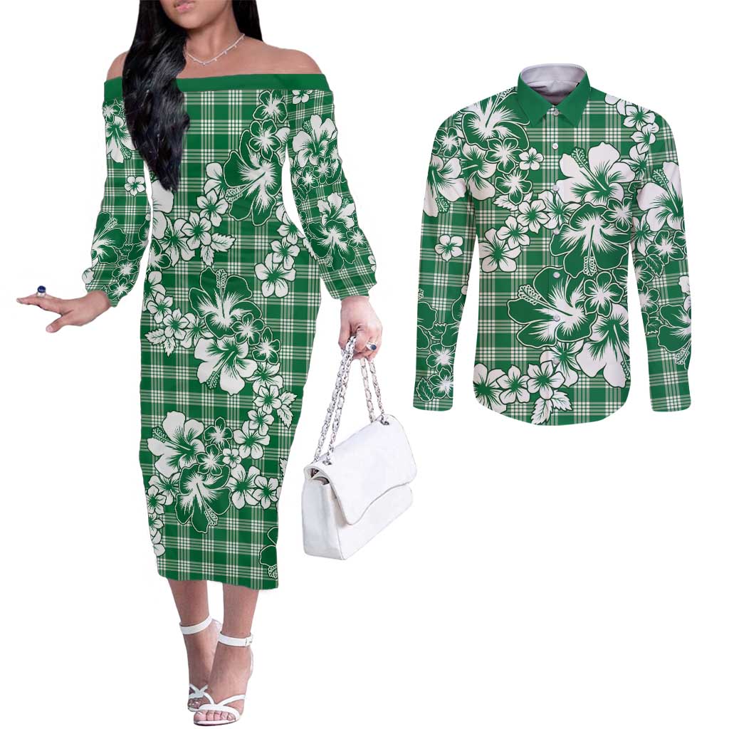 Hibiscus Pakala Emerald Green Couples Matching Off The Shoulder Long Sleeve Dress and Long Sleeve Button Shirt Tropical Floral Stylized - Polynesian Pride