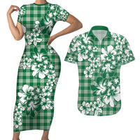 Hibiscus Pakala Emerald Green Couples Matching Short Sleeve Bodycon Dress and Hawaiian Shirt Tropical Floral Stylized - Polynesian Pride