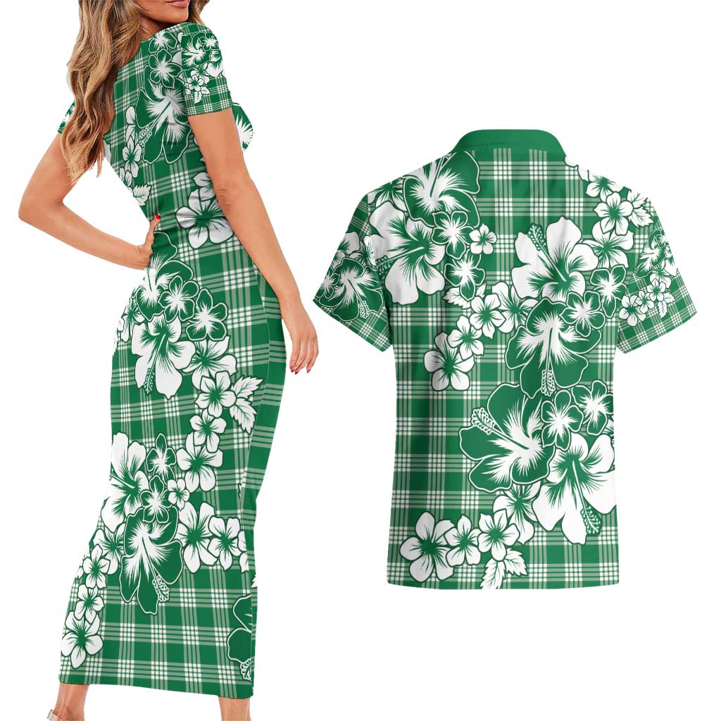 Hibiscus Pakala Emerald Green Couples Matching Short Sleeve Bodycon Dress and Hawaiian Shirt Tropical Floral Stylized - Polynesian Pride